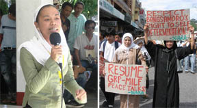 Bai Ali Indayla, national secretary-general of Suara Bangsamoro speak at the crowd  in City Plaza, Cotabato City during protest rally to call for the resumption of GRP-MILF peace talks and respect the  Bangsamoro people\'s right to self-determination. Wide rally for peace is spearheaded by Mindanao Alliance for Peace (MAP), an alliance of Moro organizations and individuals.